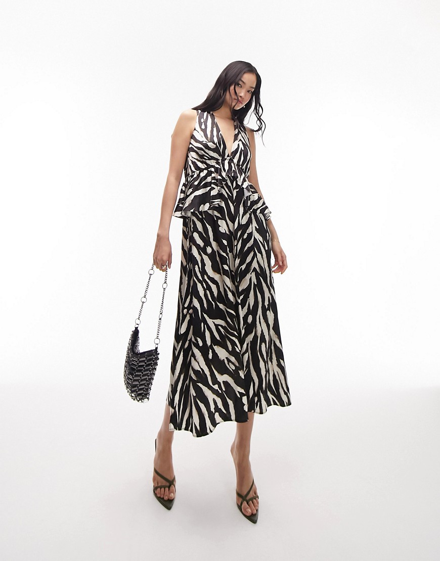 Topshop sleeveless riviera midi dress in mono zebra print-Multi