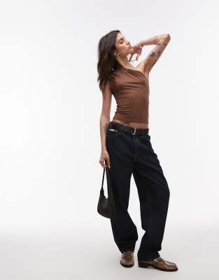Topshop Sleeveless Ruched One Shoulder Top In Brown