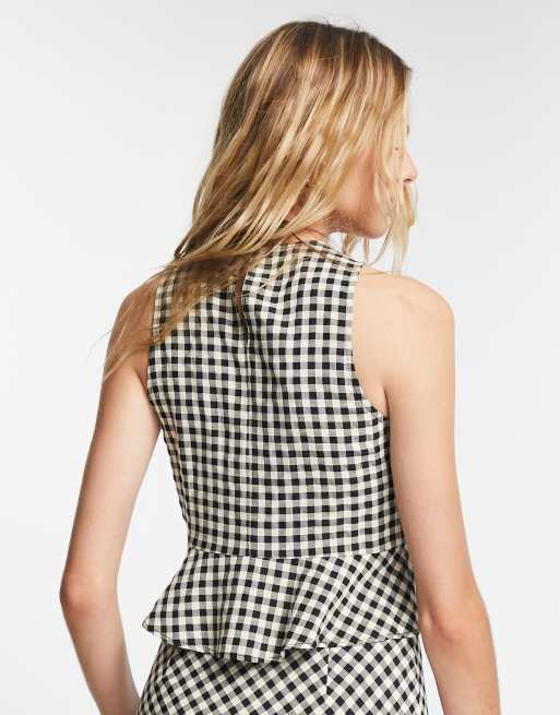 Topshop sleeveless ruched plaid top in neutral - part of a set, 3 of 4