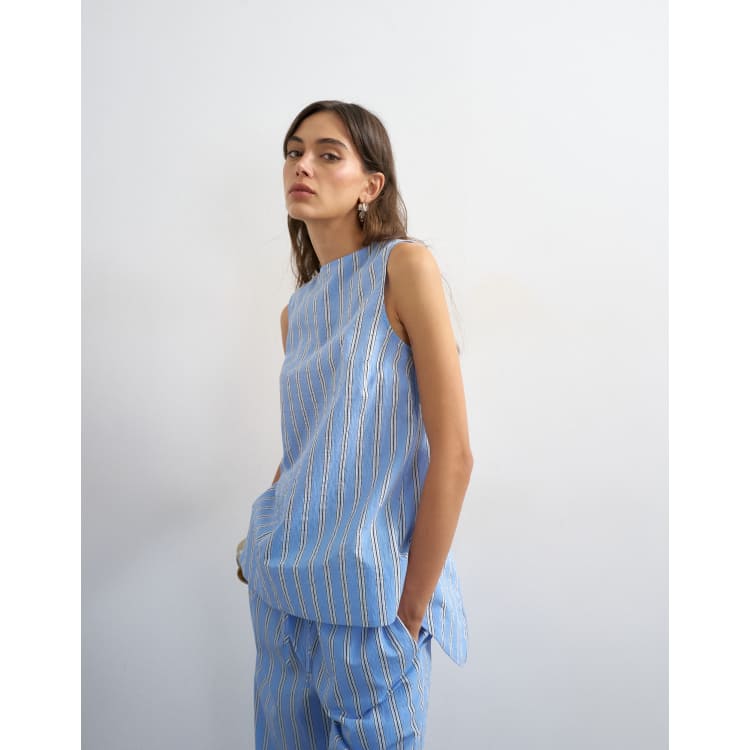 Topshop sleeveless tie back detail top in blue striped print