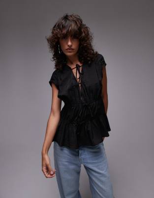 sleeveless tie front tiered top in black-Brown