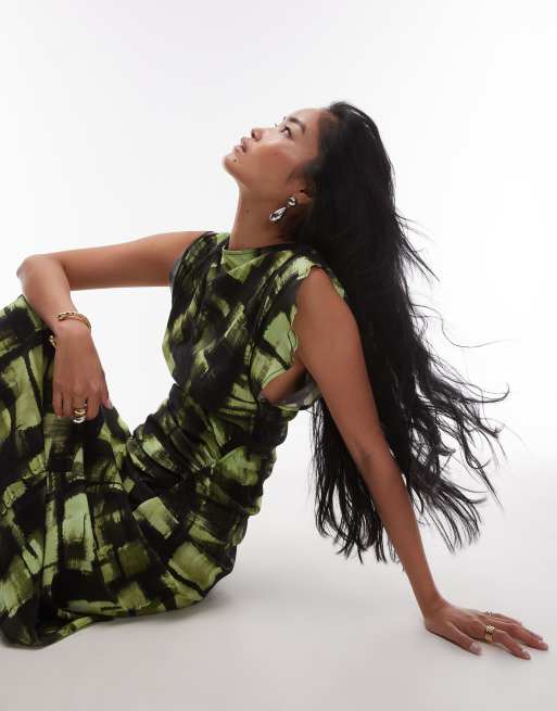 Topshop sliced sleeve ruched side maxi dress in green plaid print