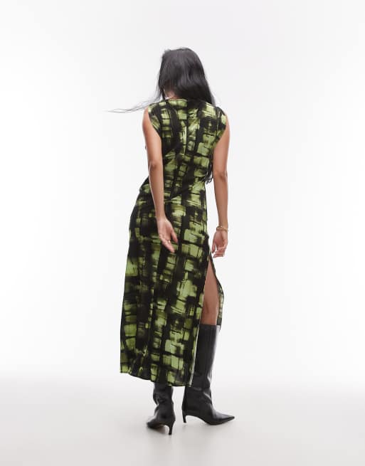 Topshop sliced sleeve ruched side maxi dress in green plaid print