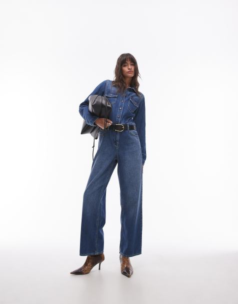 Topshop - Slim-fit denim jumpsuit in middenblauw - view 1