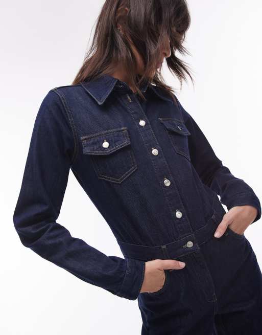 Topshop - Slim fit-jumpsuit i denim i indigoblå vask, 2 af 5