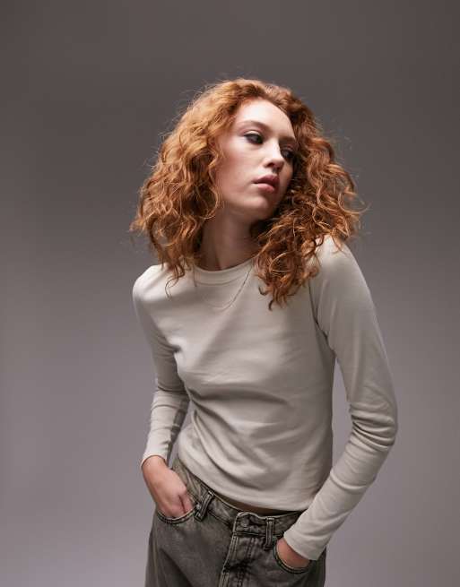 Topshop - Slim-fit top met lange mouwen in stone
