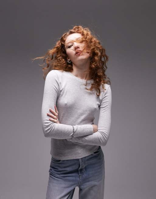 Topshop slim long sleeve top in grey marl
