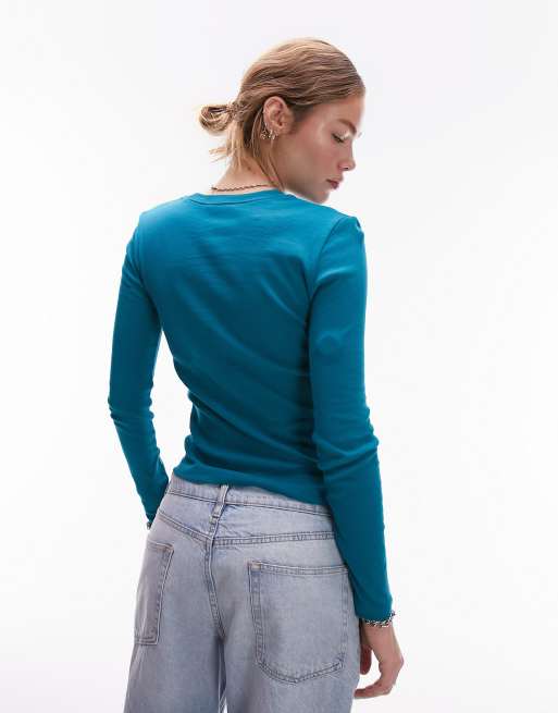 Topshop slim long sleeve top in teal