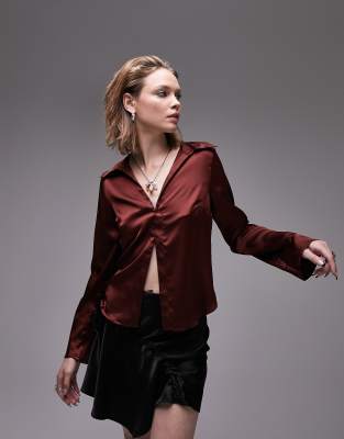 Topshop slim satin shirt in chocolate-Brown