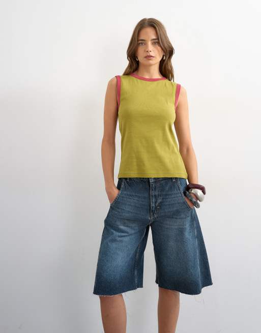 Topshop slim tanktop met contrasterende bies in groen, 2 van 4