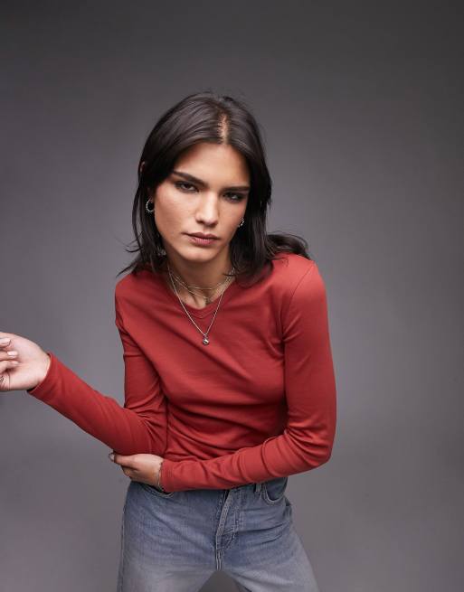 slim v neck long sleeve top in ginger ASOS