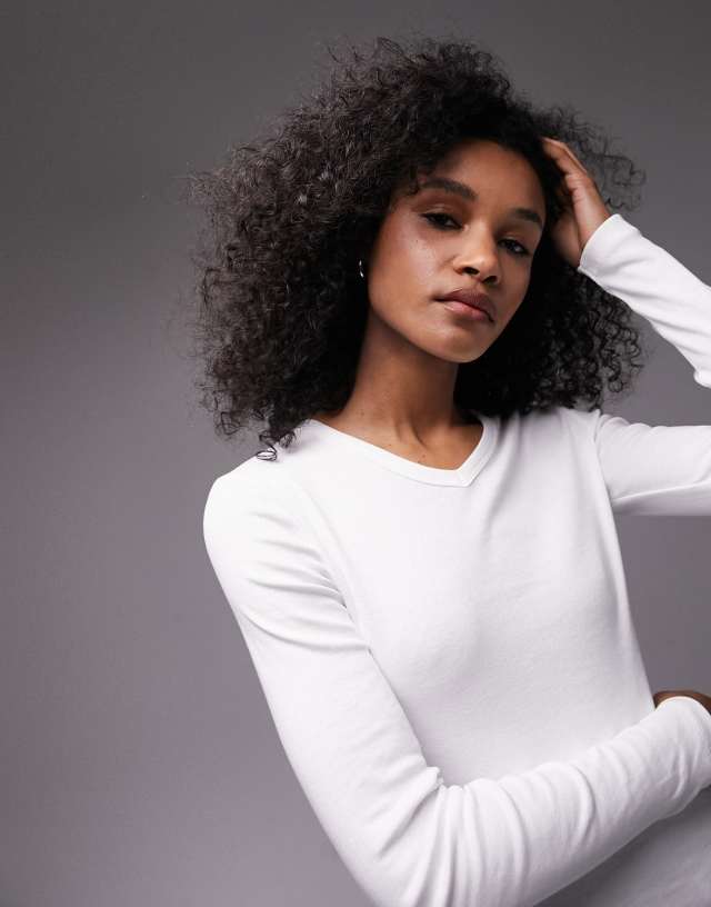 Topshop slim V-neck long sleeve top in white