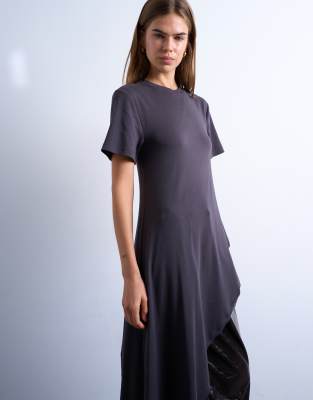 Topshop Slinky Asymmetric Short Sleeve Tunic Top In Black