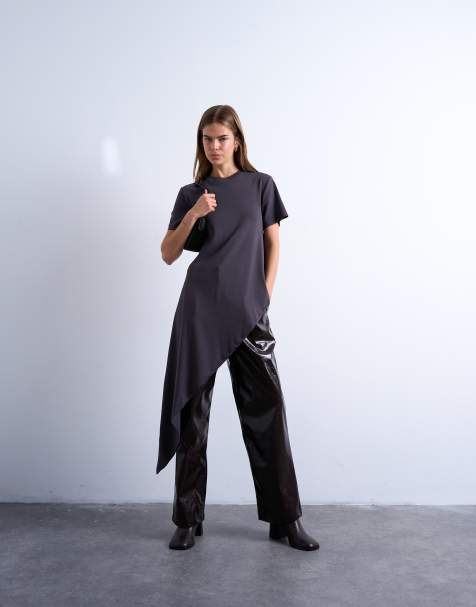 Topshop slinky asymmetric short sleeve tunic top in charcoal gray - view 1