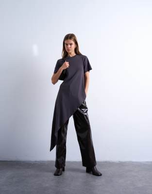Topshop Slinky Asymmetric Short Sleeve Tunic Top In Charcoal Grey-black