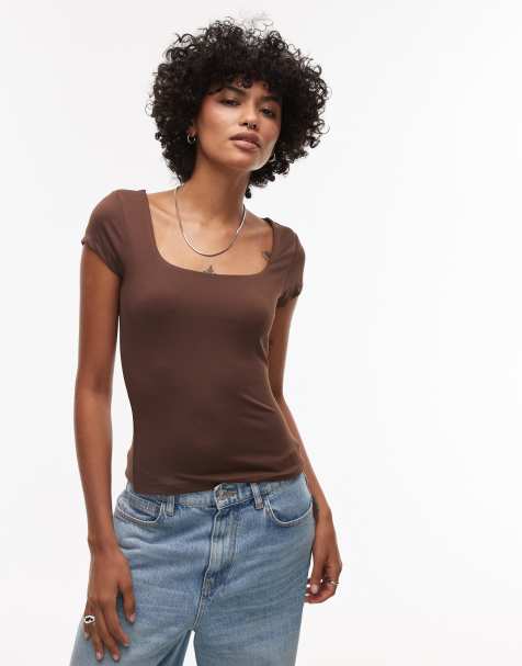 Topshop slinky cap sleeve top in chocolate brown - view 1