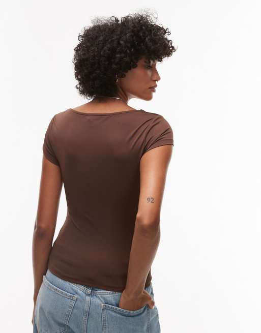TOPSHOP slinky cap sleeve top in chocolate brown, 4 of 4