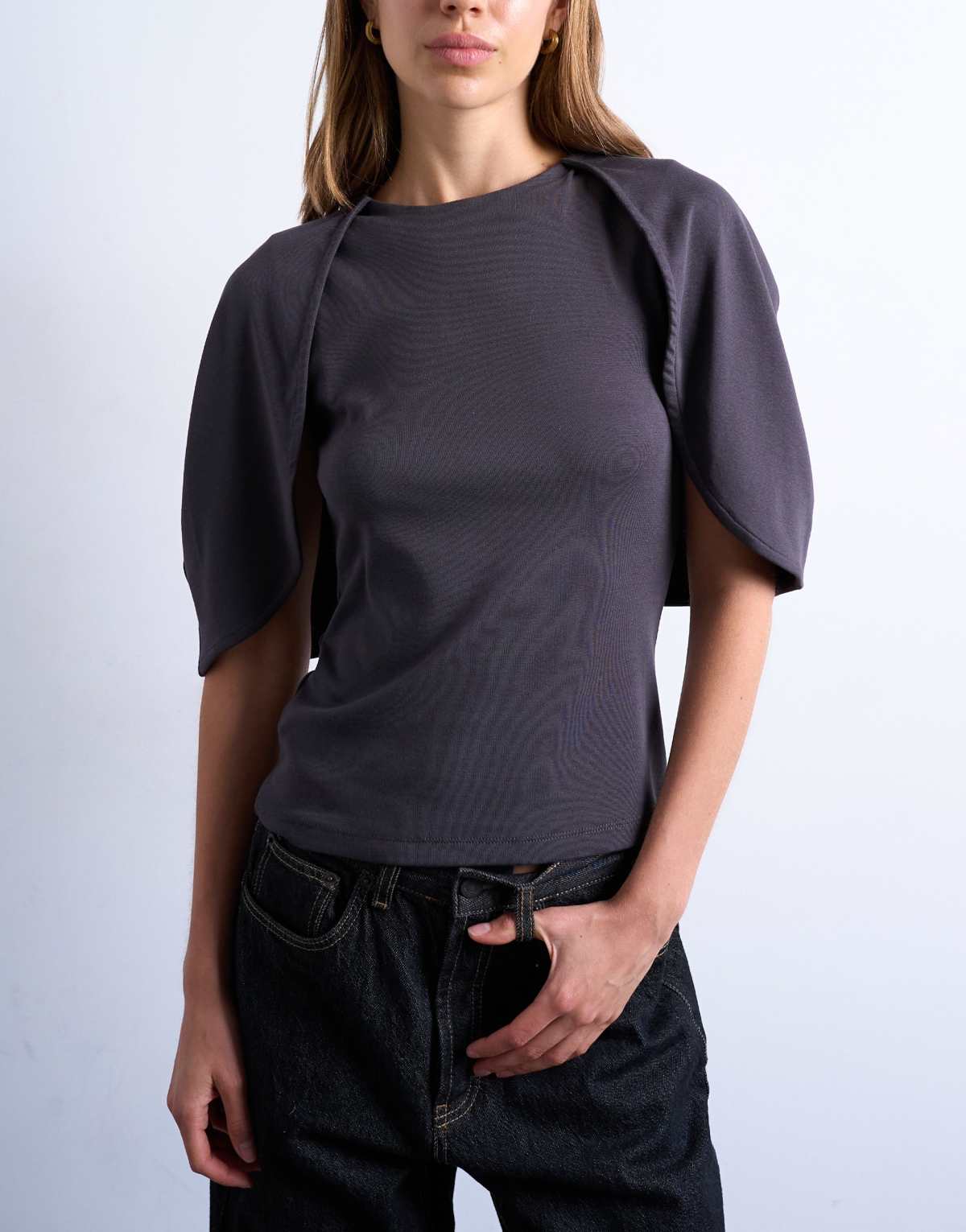Topshop slinky cape detail top in charcoal grey