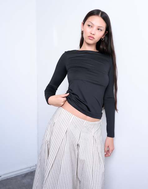 Topshop slinky crew neck long sleeve top in black