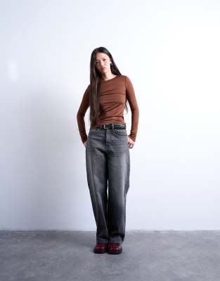 Topshop Slinky Crew Neck Long Sleeve Top In Brown