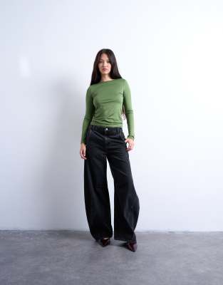 Topshop Slinky Crew Neck Long Sleeve Top In Green