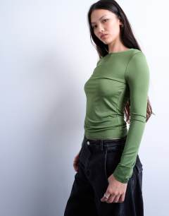 Slinky crew neck long sleeve top in khaki