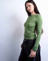Topshop slinky crew neck top in khaki