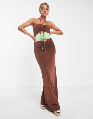 Topshop Slinky Cut Out Color Block Halter Maxi Dress In Chocolate-brown