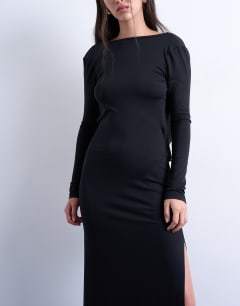 Model wearing Slinky drape open back maxi dress in black