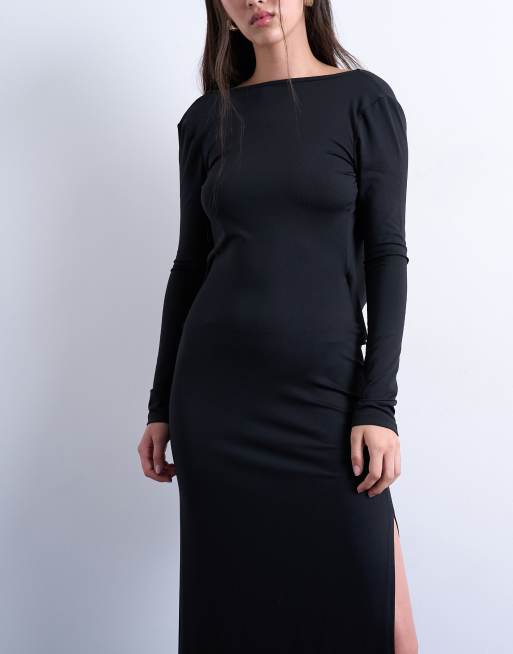 Topshop slinky drape open back maxi dress in black, 3 of 4