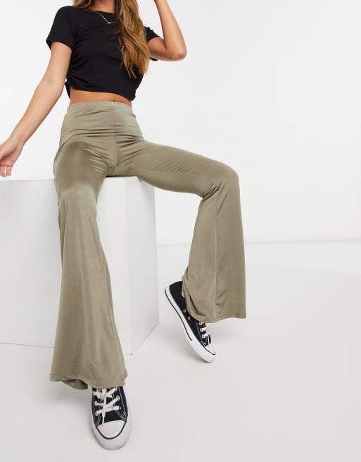 Topshop slinky flared pants in khaki