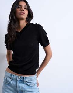 Slinky knitted v neck top in black
