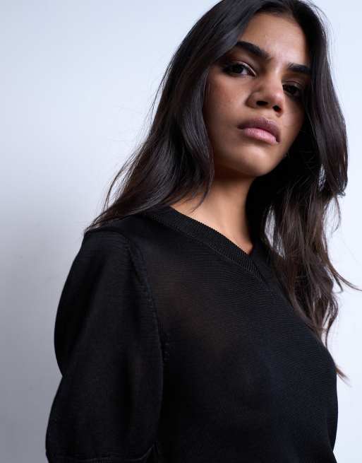 Topshop slinky knitted v-neck top in black, 3 of 4