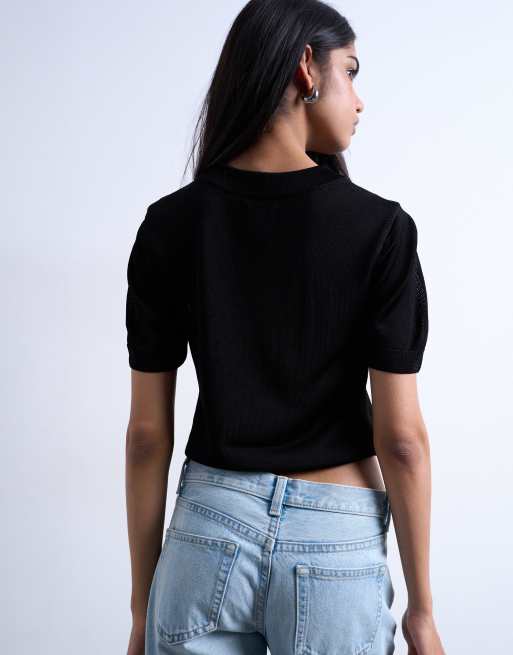 Topshop slinky knitted v-neck top in black, 4 of 4