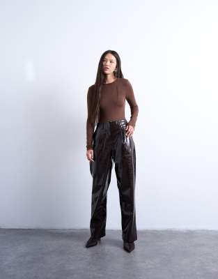 Topshop Slinky Long Sleeve Knot Back Detail Bodysuit In Brown