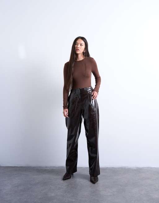 Topshop slinky long sleeve knot back detail bodysuit in chocolate, 2 of 4