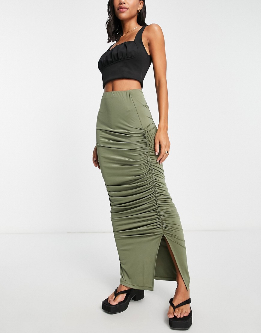 Topshop slinky ruched maxi skirt in khaki-Green