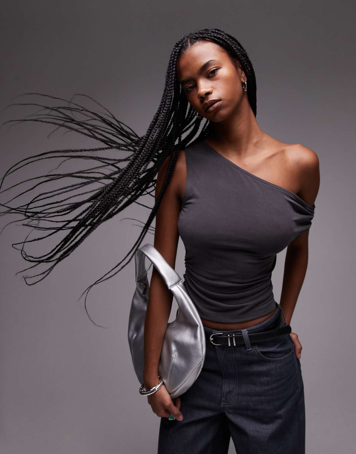 Topshop slinky ruched side top in charcoal