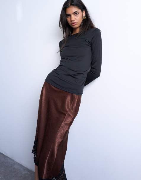 Topshop slinky scoop back long sleeve top in black - view 1