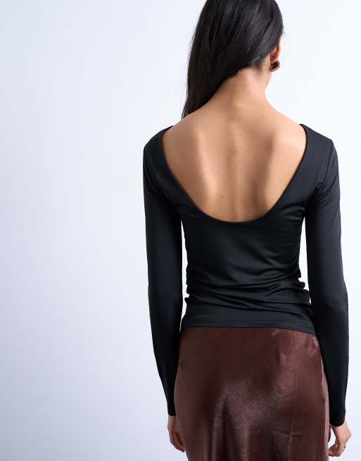 Topshop slinky scoop back long sleeve top in black, 4 of 4