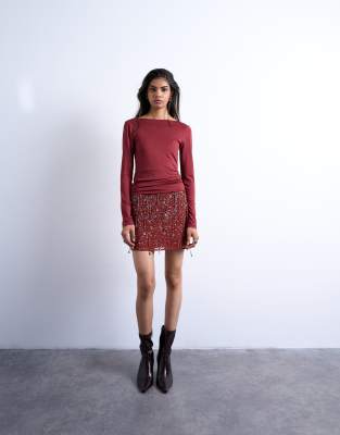 Topshop Slinky Scoop Back Long Sleeve Top In Red