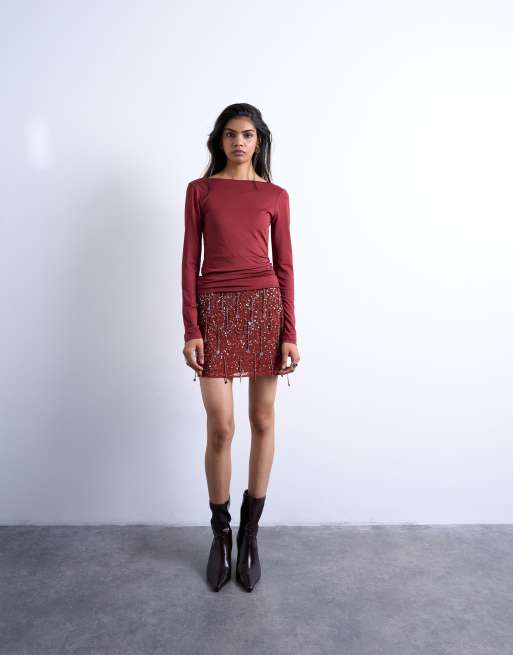 Topshop slinky scoop back long sleeve top in dark red, 2 of 4