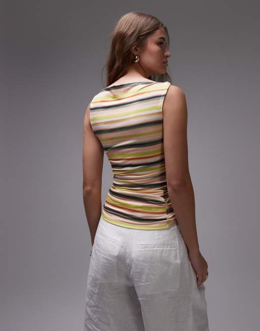 Topshop slinky stripe ruched side tank in green