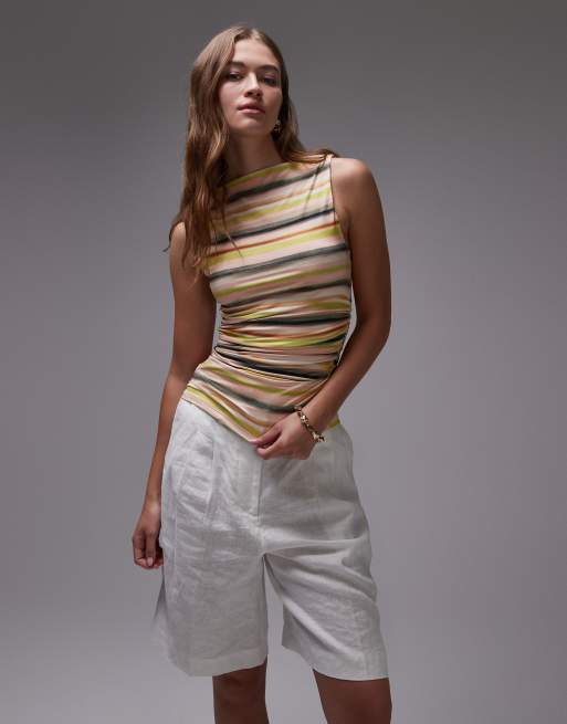 Topshop slinky stripe ruched side tank in green