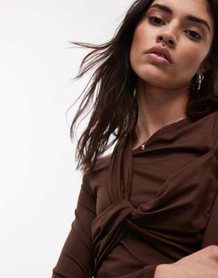 Topshop Slinky Twist Front Long Sleeve Top In Brown