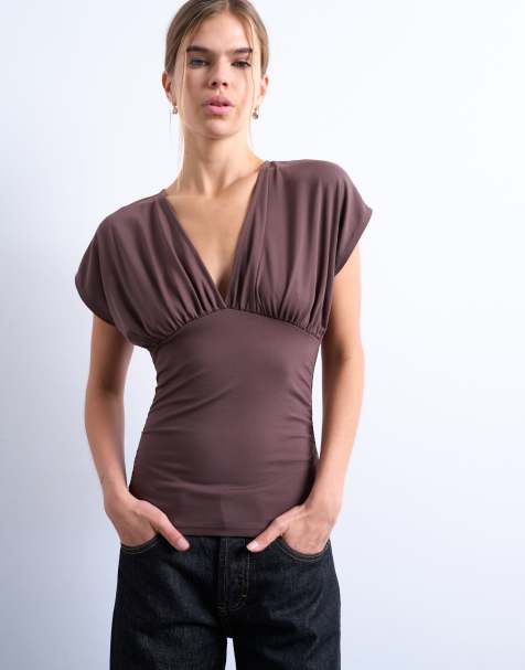 Topshop slinky v-neck ruched top in chocolate brown - view 1