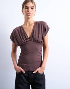 Slinky v-neck ruched top in chocolate brown