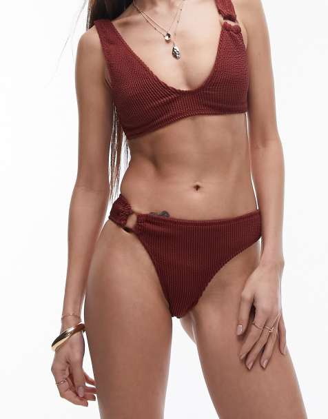 Topshop - Slip bikini sgambati a vita alta mix and match color vino con dettagli ad anello - view 1
