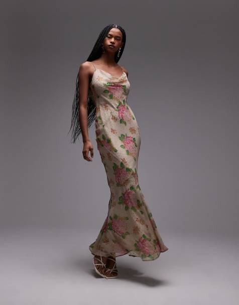 Topshop - Slip-maxikjole i dobbeltlag af satin- og chiffon med hvidt og pink roseprint - view 1