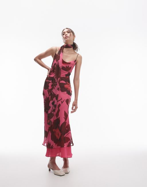 Topshop - Slip-midikjole med vandfaldsudskæring samt stort pink blomsterprint og tørklædedetalje i chiffon